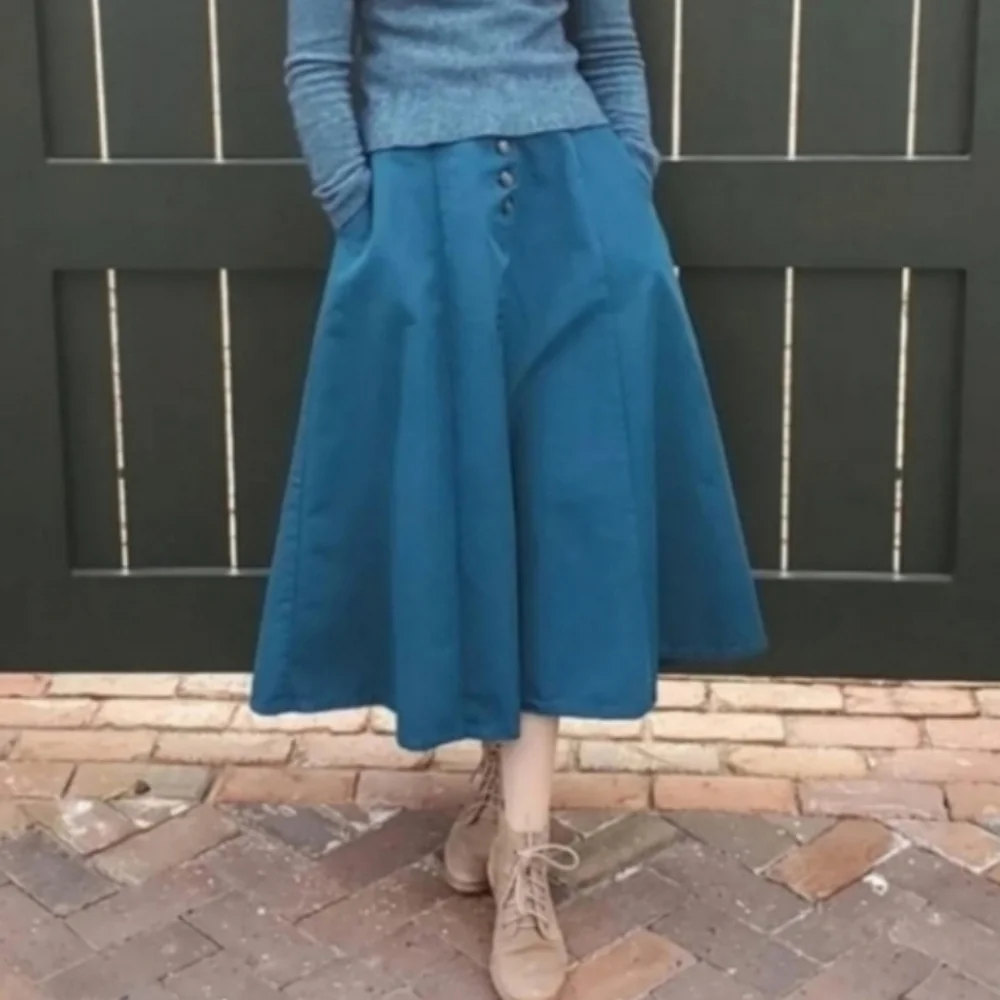 Vintage Blue Midi Skirt with Button Detail Extra Small